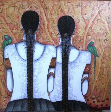 Figurative acrylic painting titled 'Friends', 24x24 inches, by artist Kappari Kishan on Canvas