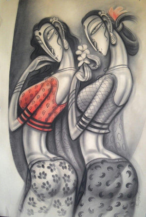 Friends (A Delicate Offering) by Ramesh Pachpande, Original Mixed Media Figurative Painting on Paper, Medium Vertical Wall Art