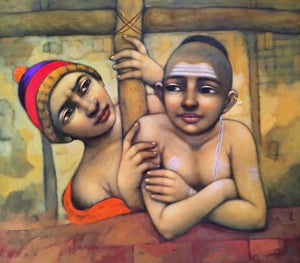 Figurative acrylic painting titled 'Friends', 31x35 inches, by artist Apet Pramod on Canvas