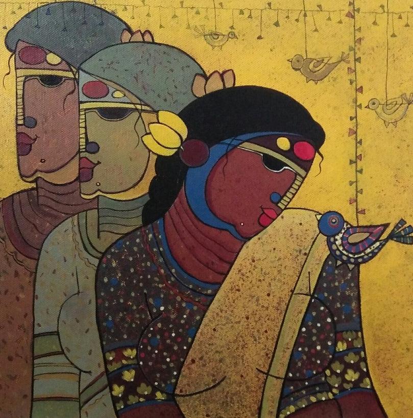 Figurative acrylic painting titled 'Friends', 12x12 inches, by artist Priyanka Chivte on Canvas