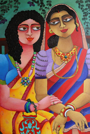 Figurative acrylic painting titled 'Friends Forever', 36x24 inches, by artist Piyali Sarkar on Canvas