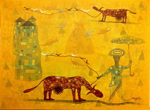 Abstract acrylic painting titled 'From village to the virtual world', 36x48 inches, by artist Lakhan Singh Jat on Canvas