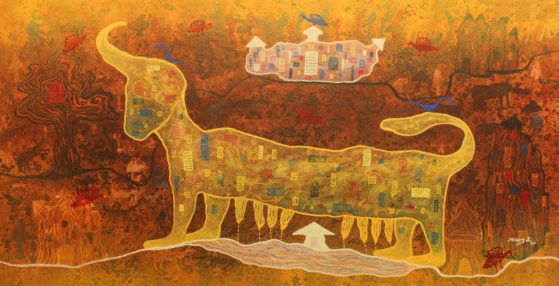 Abstract acrylic painting titled 'From village to the virtual world', 24x48 inches, by artist Lakhan Singh Jat on Canvas