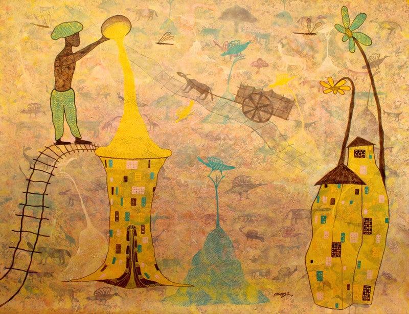 Abstract acrylic painting titled 'From village to the virtual world', 54x66 inches, by artist Lakhan Singh Jat on Canvas