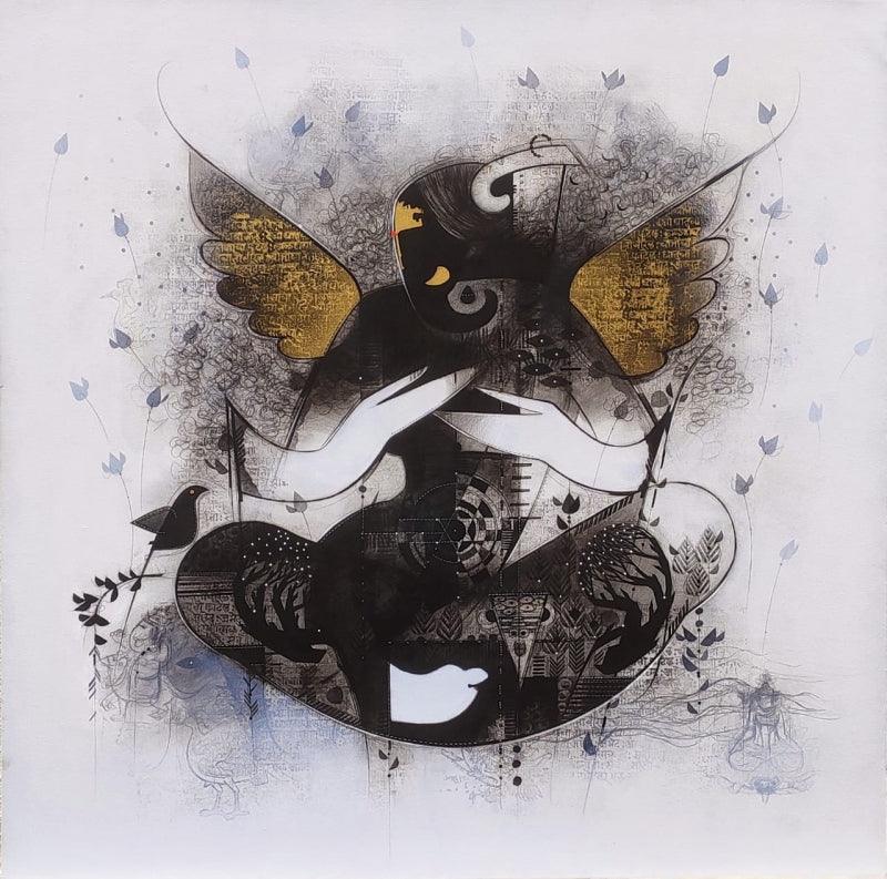 Religious acrylic charcoal painting titled 'Gajanan', 36x36 inches, by artist Amol Pawar on Canvas