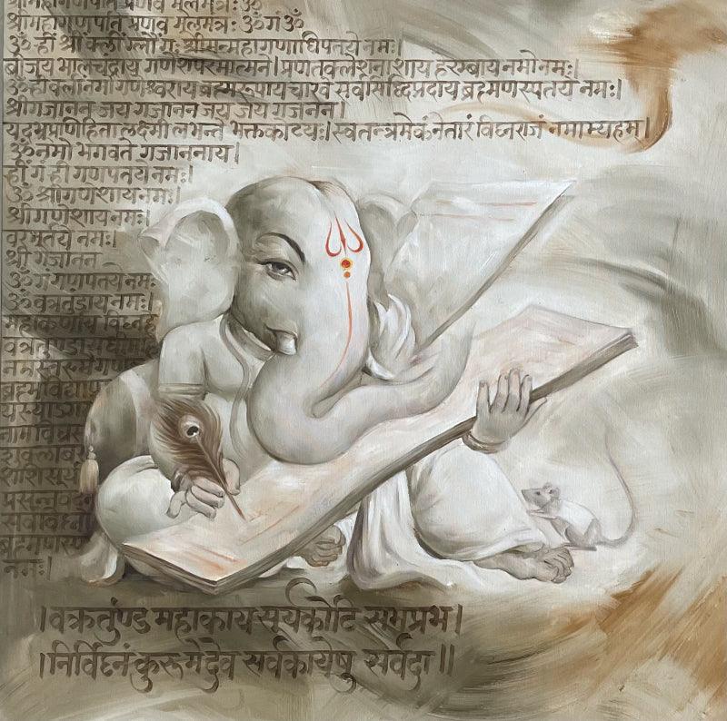 Religious oil painting titled 'Gajanana', 34x34 inches, by artist Namdev M Patil on Canvas