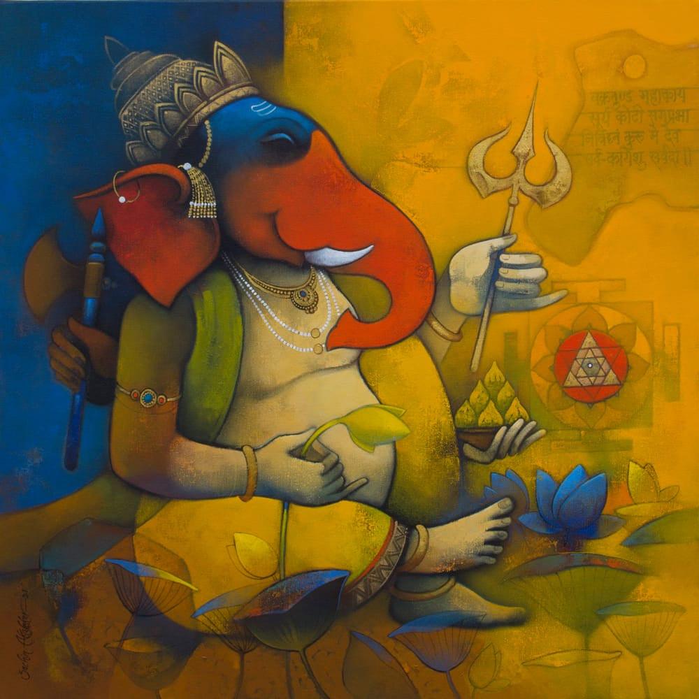 Religious acrylic painting titled 'Gajanana', 30x30 inches, by artist Sachin Akalekar on Canvas