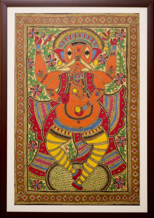 Ganapati Orange Madhubani Painting Traditional Art by Kalaviti Arts | ArtZolo.com