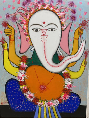 Religious acrylic painting titled 'Ganesha 1', 48x36 inches, by artist Manu Parekh on Canvas