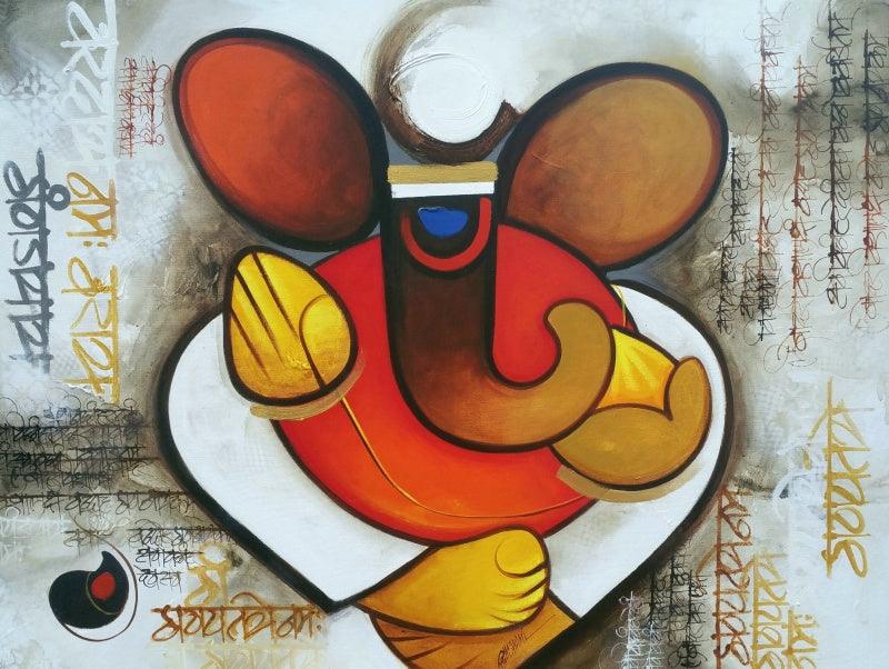 Religious acrylic painting titled 'Ganesha 1', 36x48 inches, by artist Om Swami on Canvas