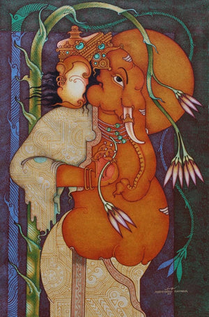 Religious acrylic painting titled 'Ganesha 1', 36x24 inches, by artist Manikandan Punnakkal on Canvas