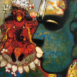 Religious acrylic painting titled 'Ganesha 2', 30x30 inches, by artist Sujata Achrekar on Canvas