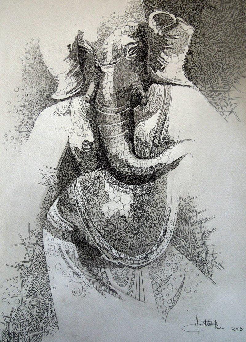 Religious pen drawing titled 'Ganesha 2', 15x22 inches, by artist Amit Bhar on paper