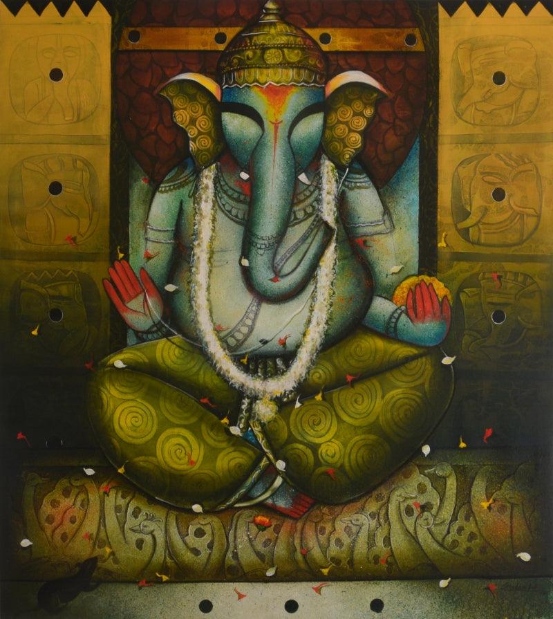 contemporary acrylic painting titled 'Ganesha 25', 54x48 inches, by artist Anupam Pal on canvas