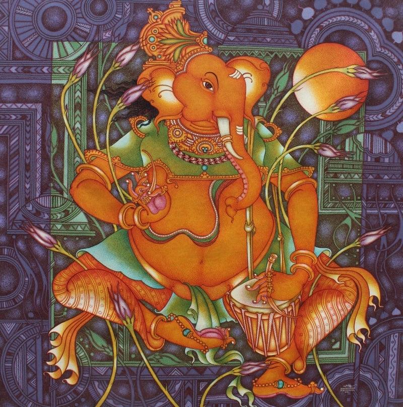 Figurative acrylic painting titled 'Ganesha 3', 46x46 inches, by artist Manikandan Punnakkal on Canvas
