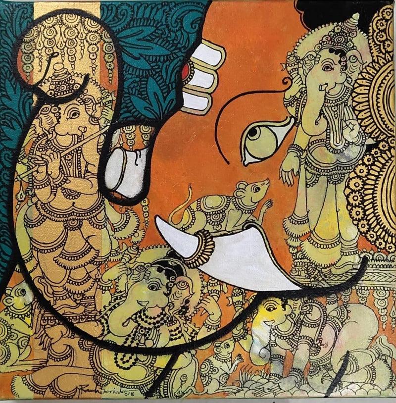 Religious acrylic painting titled 'Ganesha 3', 12x12 inches, by artist Ramesh Gorjala on Canvas