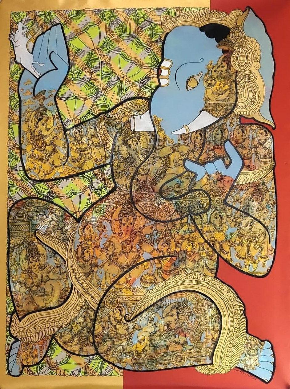 Religious acrylic painting titled 'Ganesha 4', 48x36 inches, by artist Ramesh Gorjala on Canvas