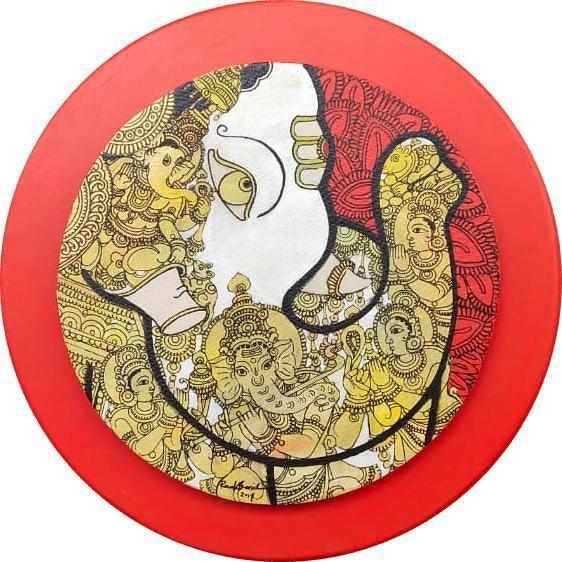 Religious acrylic painting titled 'Ganesha 4', 16x16 inches, by artist Ramesh Gorjala on Canvas