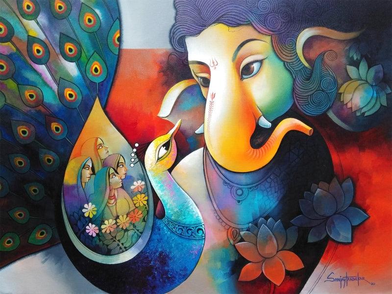 Religious acrylic painting titled 'Ganesha 5', 30x40 inches, by artist Sanjay Tandekar on Canvas