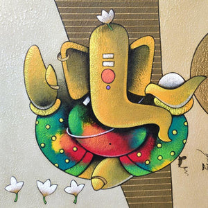 Religious acrylic painting titled 'Ganesha 5', 18x18 inches, by artist Paras Parmar on Canvas