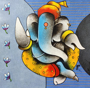 Religious acrylic painting titled 'Ganesha 6', 18x18 inches, by artist Paras Parmar on Canvas