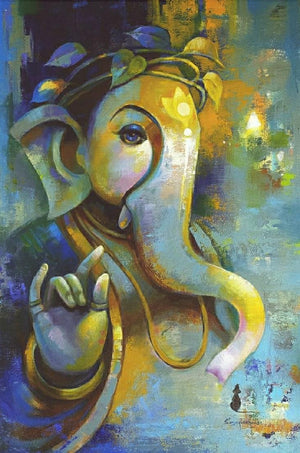 Religious acrylic painting titled 'Ganesha', 36x24 inches, by artist Sanjay Lokhande on Canvas