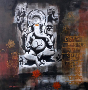 Religious acrylic painting titled 'Ganesha', 36x36 inches, by artist Atul Gendle on Canvas