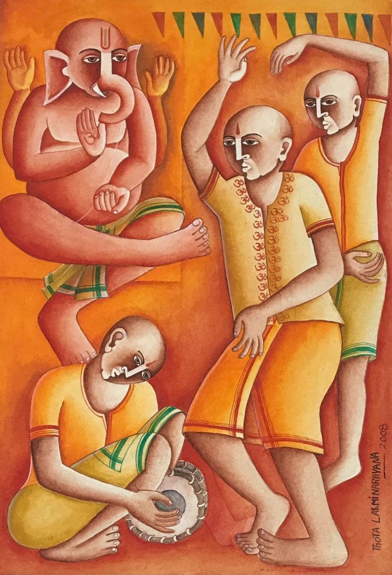 Religious acrylic painting titled 'Ganesha', 15x12 inches, by artist Thota Laxminarayana on Handmade Paper