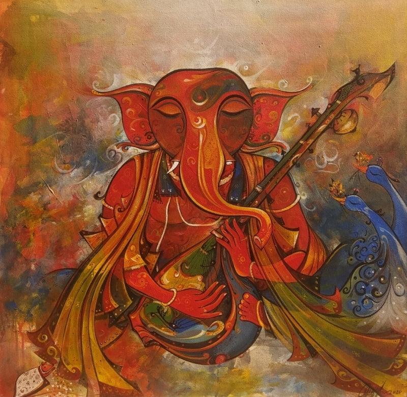 Religious acrylic painting titled 'Ganesha', 24x24 inches, by artist M Singh on Canvas