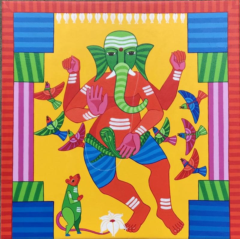 Religious acrylic painting titled 'Ganesha', 24x24 inches, by artist Thota Laxminarayana on Canvas