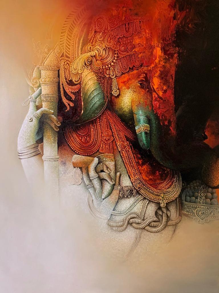 Religious acrylic oil painting titled 'Ganesha', 40x30 inches, by artist Amit Bhar on Canvas
