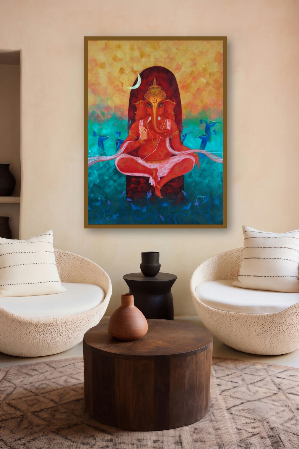 Ganesha (Ganesha with Water Birds) by artist Lisha N T displayed in a Contemporary Exhibition gallery