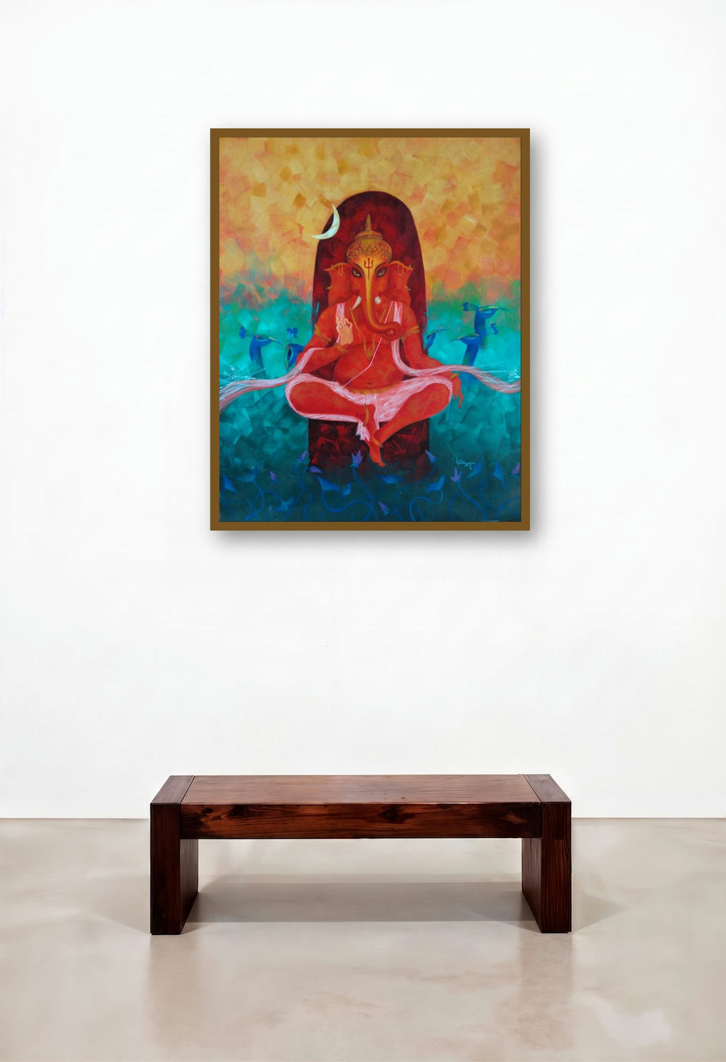 Ganesha (Ganesha with Water Birds) by artist Lisha N T displayed in a Contemporary Dining Room