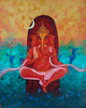 Ganesha (Ganesha with Water Birds) by Lisha N T, Original Acrylic Religious Painting on Canvas, Small Vertical Wall Art