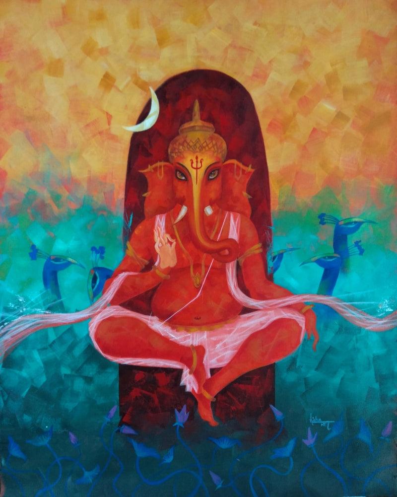 Religious acrylic painting titled 'Ganesha', 26x20 inches, by artist Lisha N T on Canvas