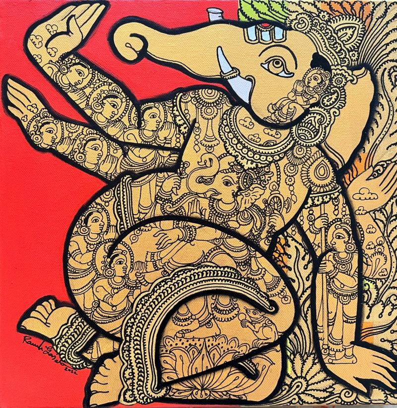 Religious acrylic painting titled 'Ganesha', 12x12 inches, by artist Ramesh Gorjala on Canvas