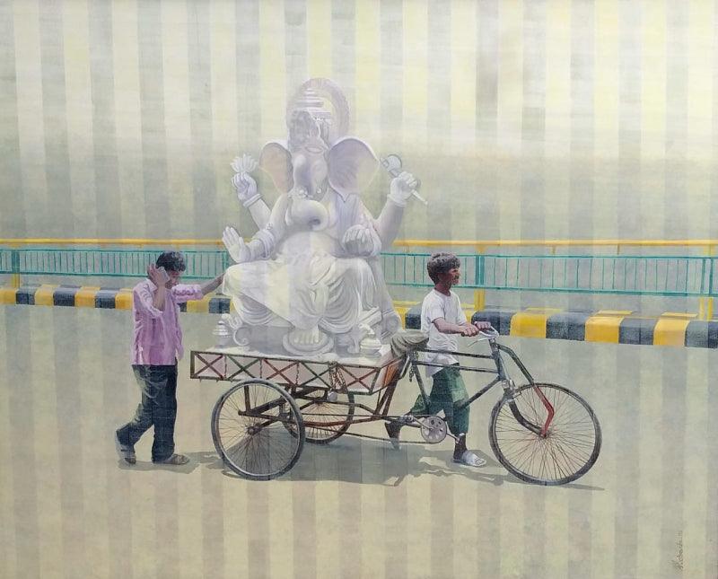 Religious acrylic painting titled 'Ganesha', 48x60 inches, by artist Kamlesh Chavda on Canvas