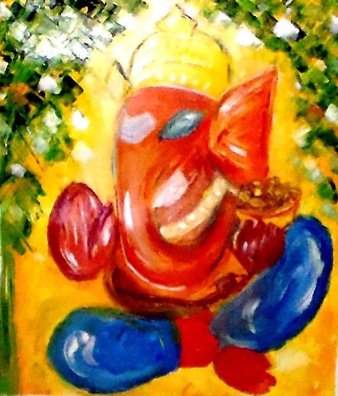 Religious oil painting titled 'Ganesha', 20x13 inches, by artist Kiran Bableshwar on Canvas