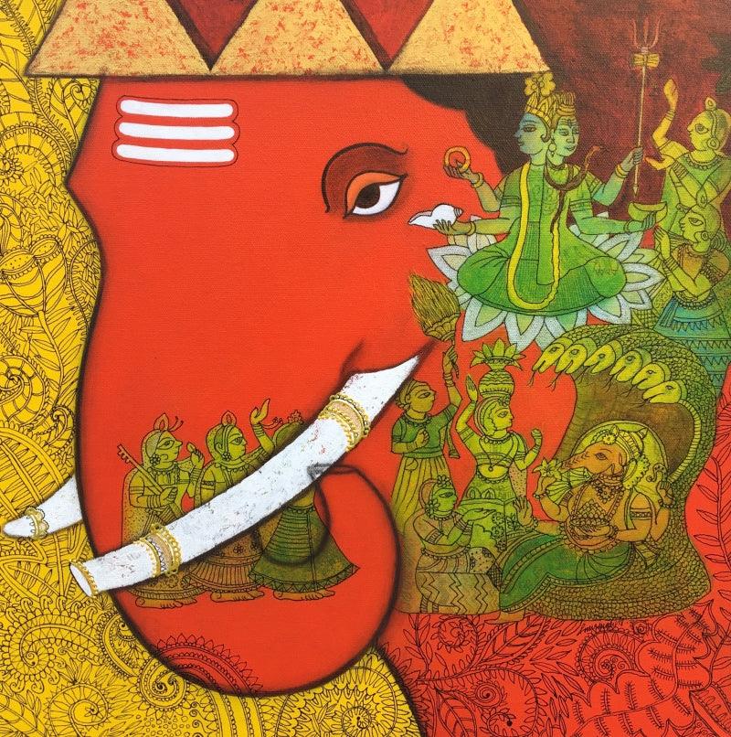 Other mixed media painting titled 'Ganesha', 24x24 inches, by artist Mukesh Diliprao Hattarge on Canvas