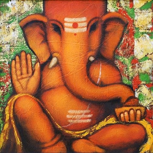 Religious acrylic painting titled 'Ganesha', 15x15 inches, by artist Shankar Devarukhe on Canvas