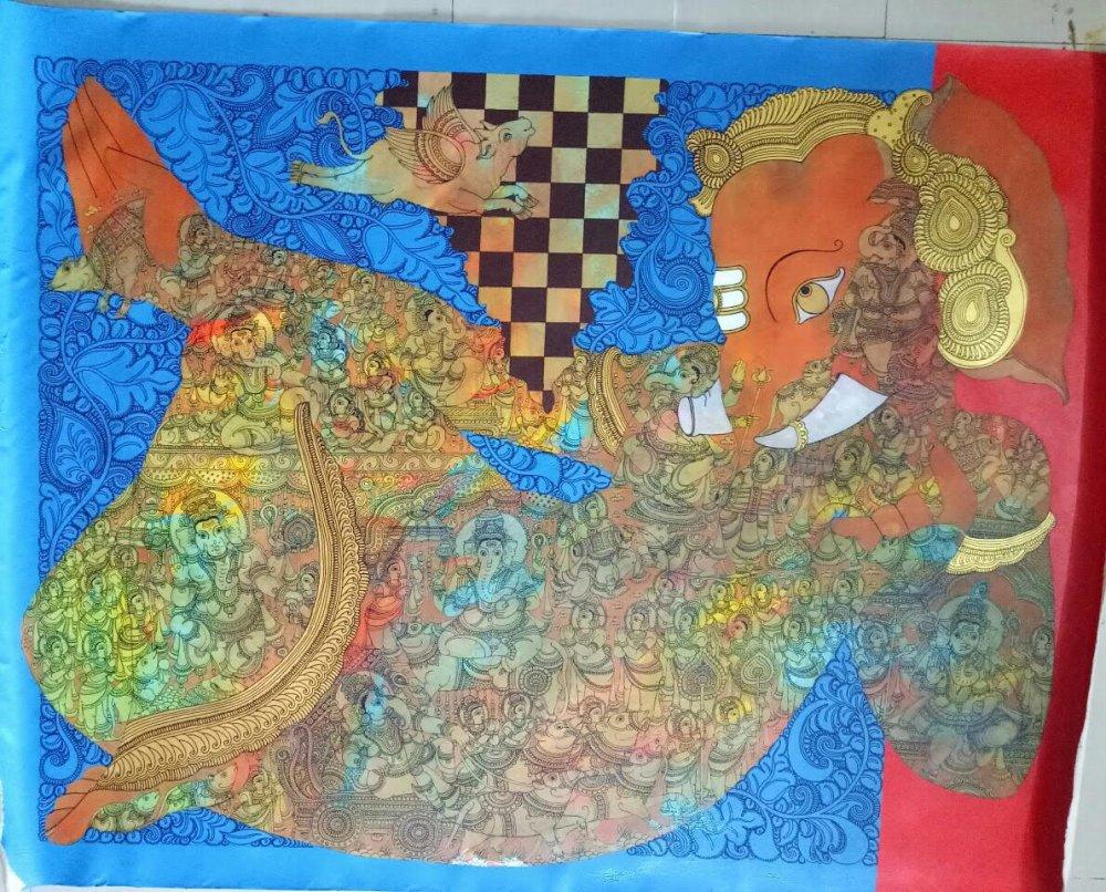 Religious acrylic painting titled 'Ganesha', 60x48 inches, by artist Ramesh Gorjala on Canvas