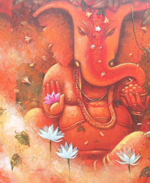 Religious acrylic painting titled 'Ganesha', 36x30 inches, by artist Subrata Das on Canvas