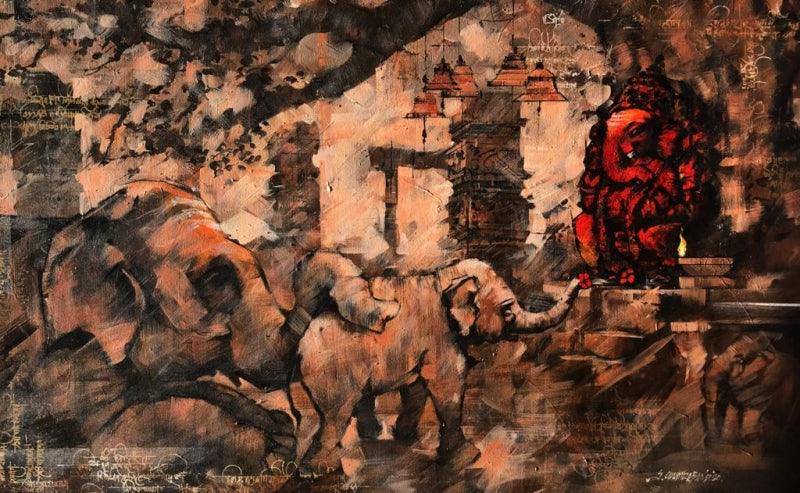 Religious acrylic painting titled 'Ganesha', 30x54 inches, by artist Sandeep Chhatraband on Canvas