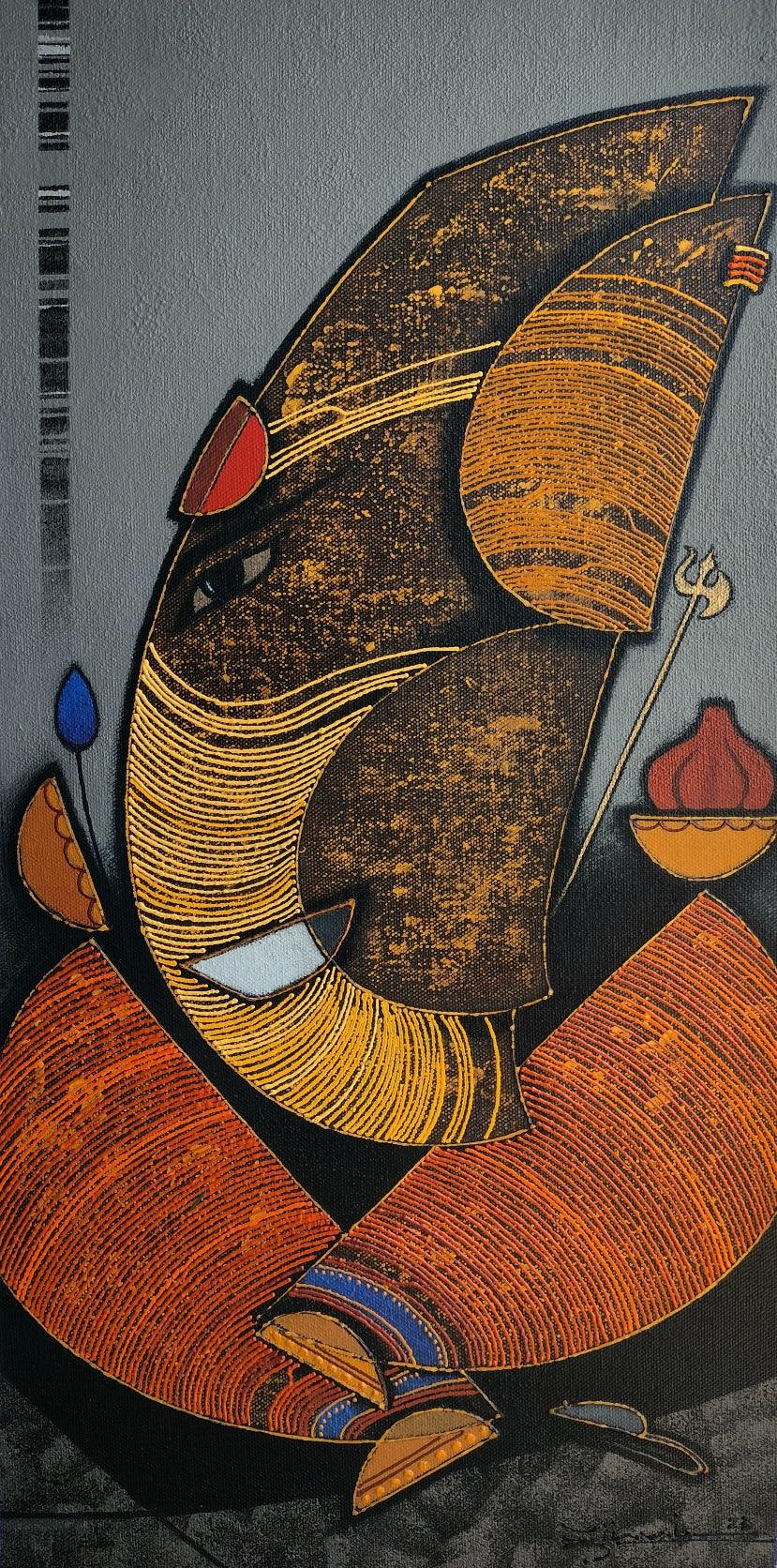 Religious acrylic painting titled 'Ganesha', 22x11 inches, by artist Rahul Dangat on Canvas