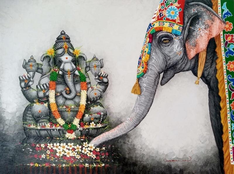 Religious mixed media painting titled 'Ganesha', 36x48 inches, by artist Siva Balan on Canvas