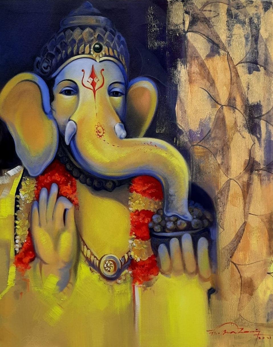 Religious acrylic painting titled 'Ganesha', 30x24 inches, by artist Solomon R on Canvas