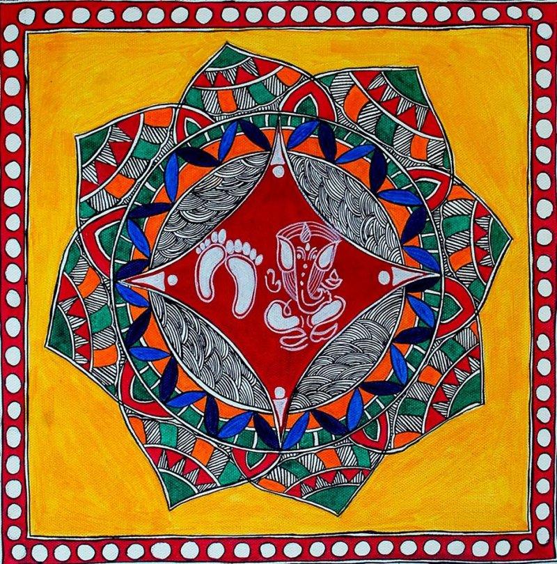 Religious acrylic painting titled 'Ganesha', 12x12 inches, by artist Preeti Das on Canvas