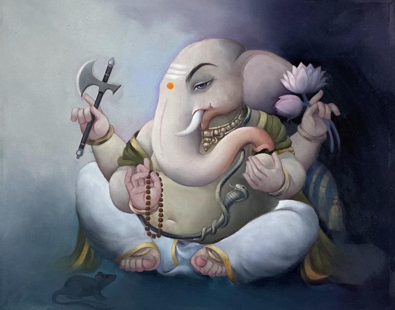 Religious oil painting titled 'Ganesha', 27x34 inches, by artist Namdev M Patil on Canvas