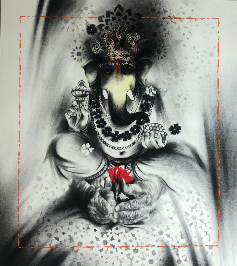 Religious acrylic charcoal painting titled 'Ganesha', 32x28 inches, by artist Ajay De on Paper