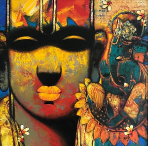 Religious acrylic painting titled 'Ganesha', 36x36 inches, by artist Sujata Achrekar on Canvas